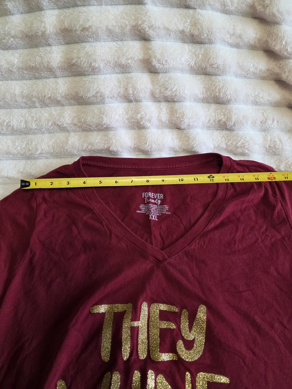 Forever Trendy Burgundy V-Neck Tee with Gold Script - Picture 5 of 8